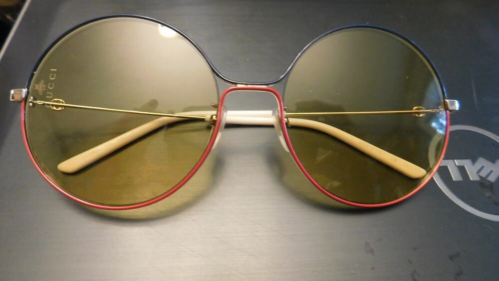 GUCCI GG0395S Gold Green Red Round Brown Metal Sunglasses Retro FABULOUS Clean